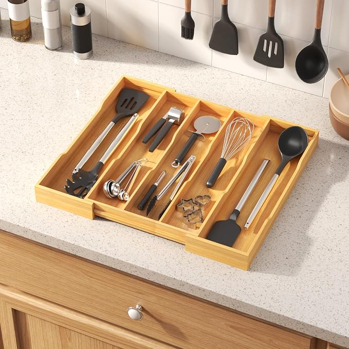 Lifewit Utensil Drawer Organizer, Expandable Kitchen Tool Tray | Wood Adjustable Flatware and Spatula Storage Divider, 11-19.7 x 17 x 1.8“, Natural - Image 2