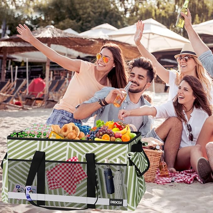 Upgrade Extra Large Utility Tote Bag with Reflective Strip, Standing Reusable Grocery Bags with Hard Bottom, Collapsible Utility Tote with Handles for Shopping, Beach, Picnics, Car, Twill Green - Image 2