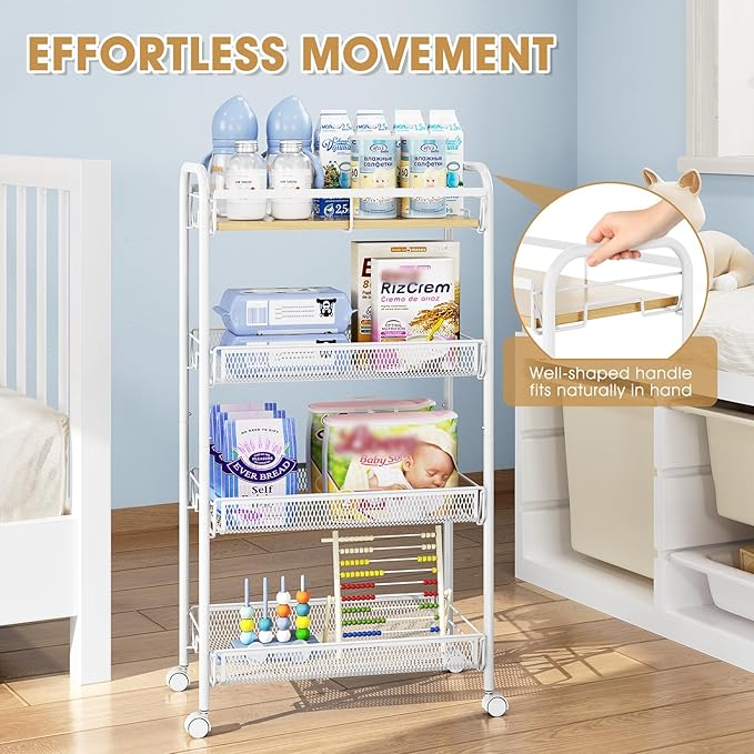TOOLF 4-Tier Rolling Cart, Metal Utility Cart, Slide Out Storage Cart with Wooden Tabletop and Mesh Baskets, Easy Assemble Trolley for Kitchen Bathroom Laundry Room Bedroom Apartments Dormitory - Image 3
