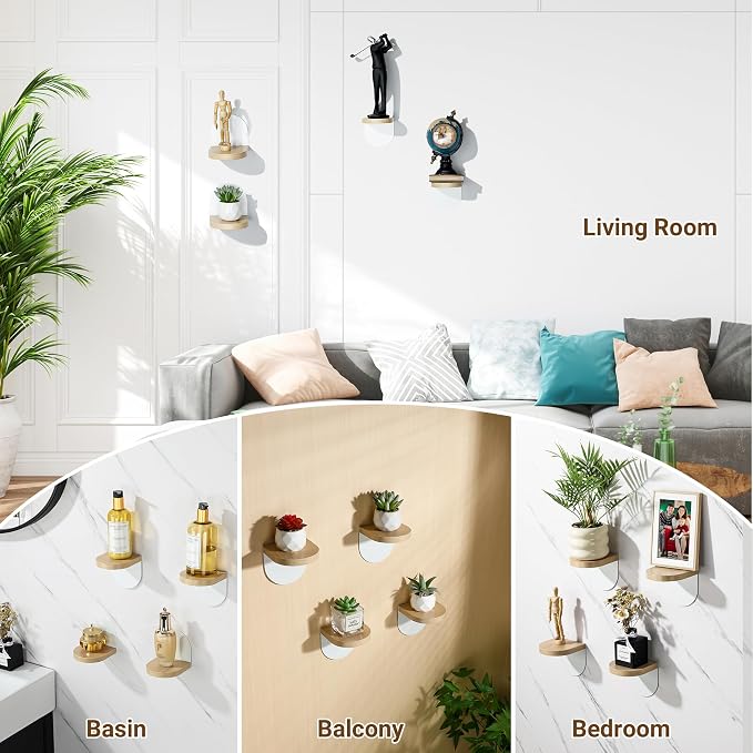 SAYAYO Small Floating Shelves for Wall Storage, 4 x 4 Inch Adhesive Shelves | Mini Shelf for Bedroom Decor, Display Wood Shelf Organizer with White Base for Living Room, Office, Balcony, 4 PCS - Image 6