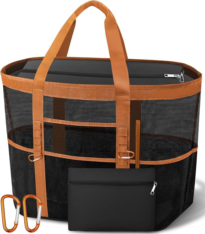 Chic Cruise Essentials Beach Bag for Women, Large Zip Top Tote, 11 Pockets | 40L+ Spacious;Mesh × Canvas;Zipper Pouch;Secure Zip-Top;Sand-Resistant Base by Yeendibo