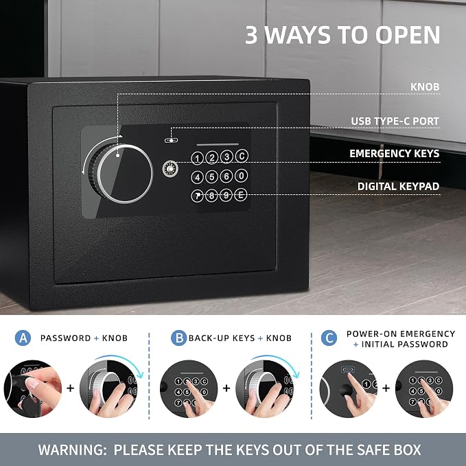 Digital Electronic Money Safe, Steel Security Lock Box with Keypad, Office Hotel Business Jewelry Gun Cash Safe, 0.23 Cubic Feet, 9.06" W x 6.69" D x 6.69" H（black） - Image 3