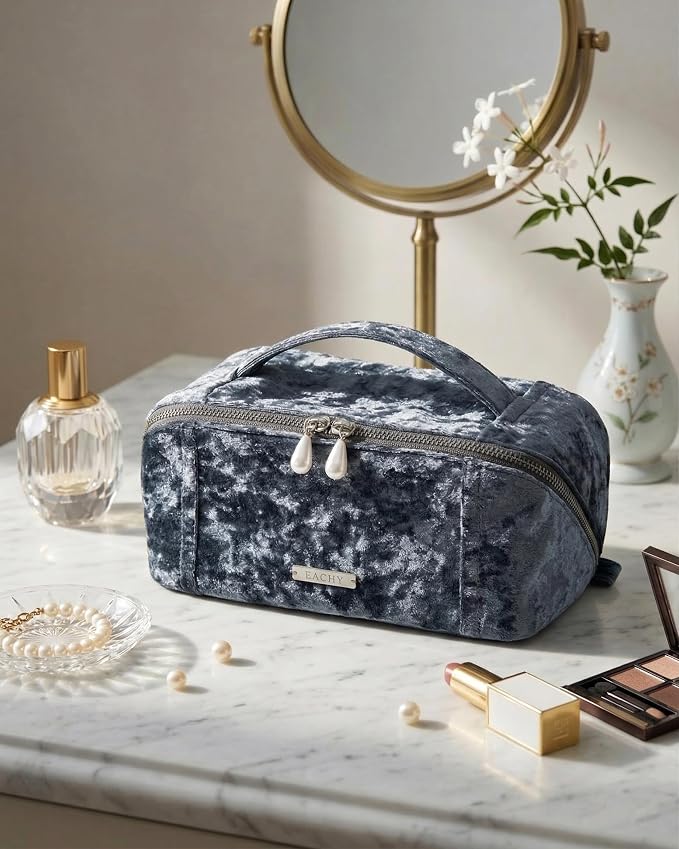 EACHY Velvet Travel Makeup Bag for Women, Flat Open Cosmetic Organizer | Velvet cosmetic organizer with two clear TPU brush pockets and extra storage for makeup, toiletries and travel essentials - Image 2