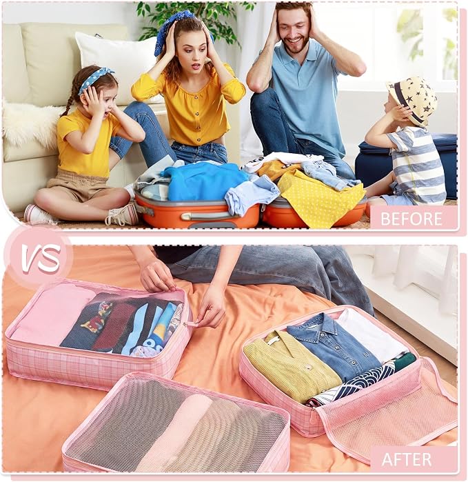 Silkfly 8 Pcs XL Packing Cube for Travel Luggage,Plaid,Pink | 17.7 x 13 x 4.7, Same Size, Pink Plaid Suitcase Storage Organizer Set, Reusable Mesh Clothes Cube for Hiking Camp Family - Image 4