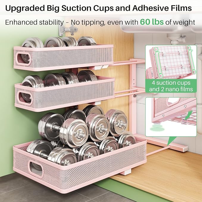 Kitstorack Under Sink Organizer, 2-Pack 3-Tier Height Adjustable Thickened Metal Pull out Cabinet Organizer Shelf, Slide out Storage Drawer Rack for Bathroom Kitchen Pantry Home Organization, Pink - Image 7