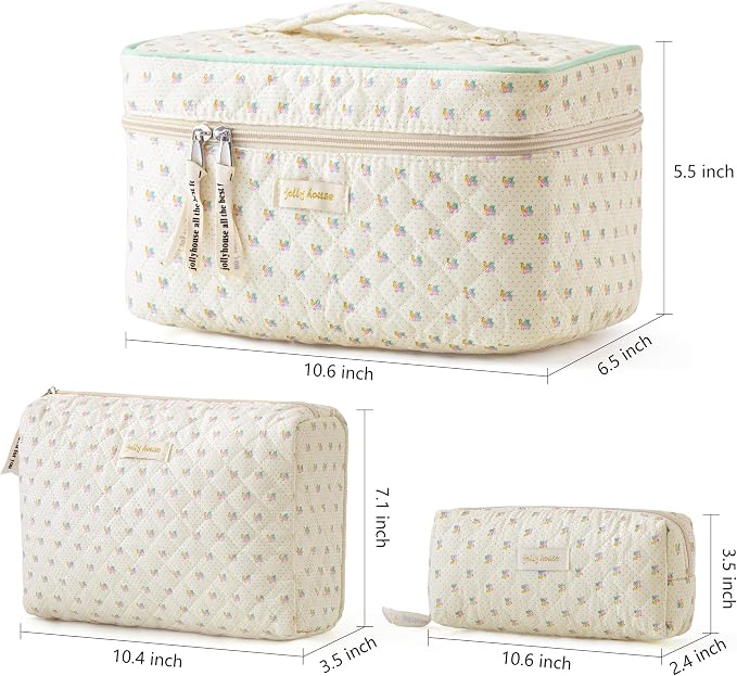 HBselect Quilted Makeup Bag, 3Pcs Cotton Large Travel Makeup Bags Organizer | Cute Floral Make up Bag Cosmetic Bag Toiletry Bag for Women Girls, Makeup Pouch for Skincare, Brushes & Travel Essentials - Image 6