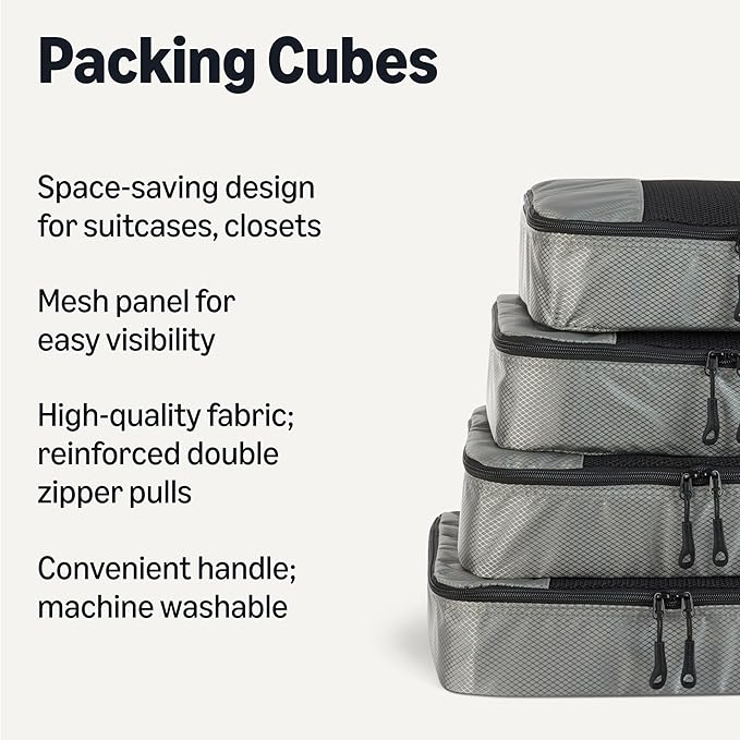 Amazon Essentials 4-Piece Packing Cubes Travel Accessories Set, Space-Saving Luggage Organizer with Double Zipper, Mesh Top Panel, Medium, Gray (Previously Amazon Basics) - Image 2
