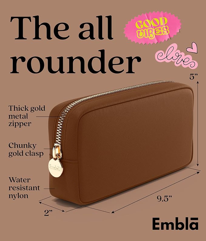 Embla Makeup Bag Travel Cosmetics Pouch and Toiletry Bag, Nylon Zipper Pouch Purse, Cute Make Up Organizer Storage Tote for Women Girls, Waterproof Travel Skincare Case, Small Makeup Bags, Chocolate - Image 2