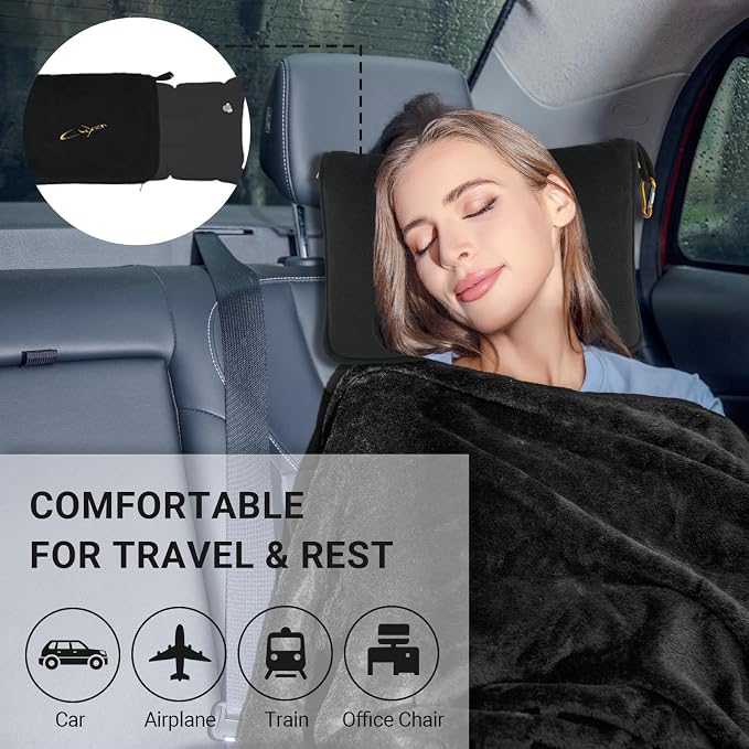 Airplane Travel Blanket with Pillow,300 GSM Soft Fleece Compact Blanket with Carry Bag,Lightweight Travel Blanket for Flights,Black - Image 8