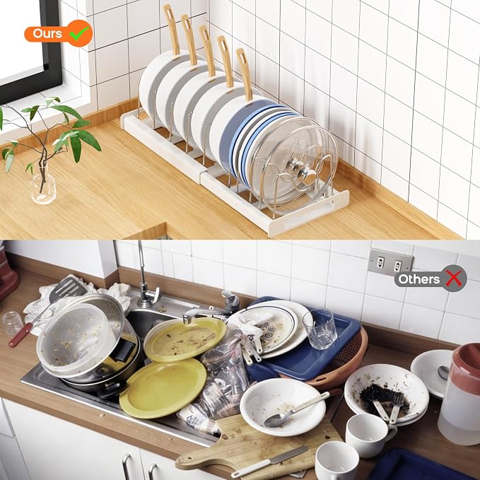Nigelia Pots and Pans Organizer for Under Cabinet 22" Expandable Food Storage Container Lid Organizer with 10 Adjustable Dividers Pot and Pan Lid Holders Rack Inside Cabinet & Kitchen Countertop White - Image 6