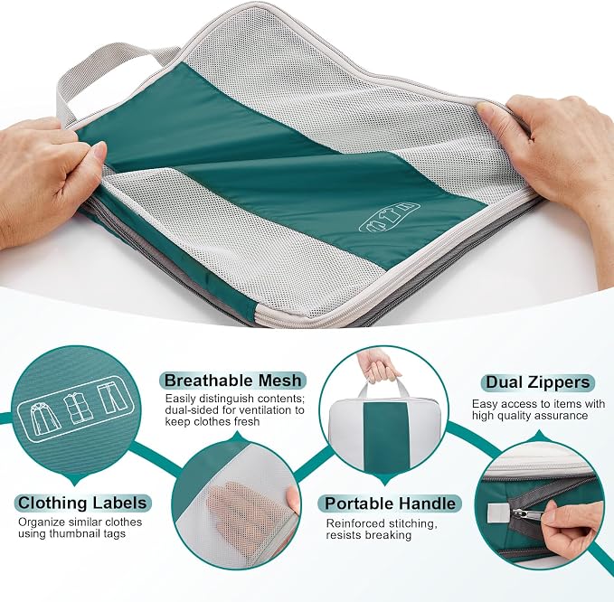 OlarHike 10 Set Compression Packing Cubes for Travel Essentials,Compressible Expandable Space Saver Bags for Organizing Clothes,Luggage Garment Bags with Over 1000 pcs Mesh Holes(Dark Blue Green) - Image 7