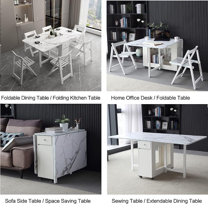 Folding Dining Table with Storage, Kitchen Table for Small Spaces | Foldable, Drop Leaf, Movable, 4 Wheels, Space Saving, Extendable, Marble Texture Top, for Apartment Kitchen Living Room White - Image 9