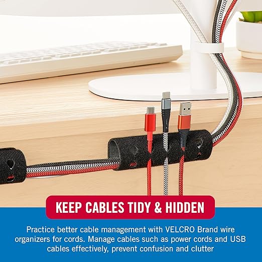 VELCRO Brand Cord Organizer for Desk & Nightstand, 5 Cable Slots with Sleeve Routing, Adhesive Wire Holder for Cord Management, Home, Workshop, Gaming & Office Essentials, Black 2 Pack - Image 3