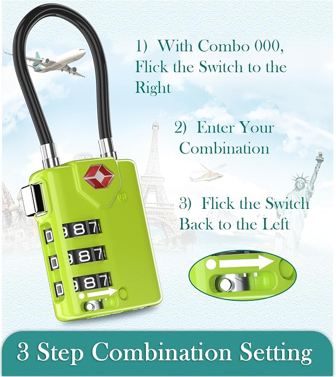 TSA Approved Luggage Locks, Combination Cable Locks, 2 Pack, Lime | Search Alert shows TSA key access; resettable 3-digit code and flexible braided steel cable for suitcases and backpacks. - Image 6