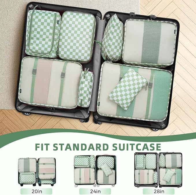 BAGAIL 8 Set Packing Cubes Luggage Packing Organizers for Travel Accessories-Matcha checkered - Image 6