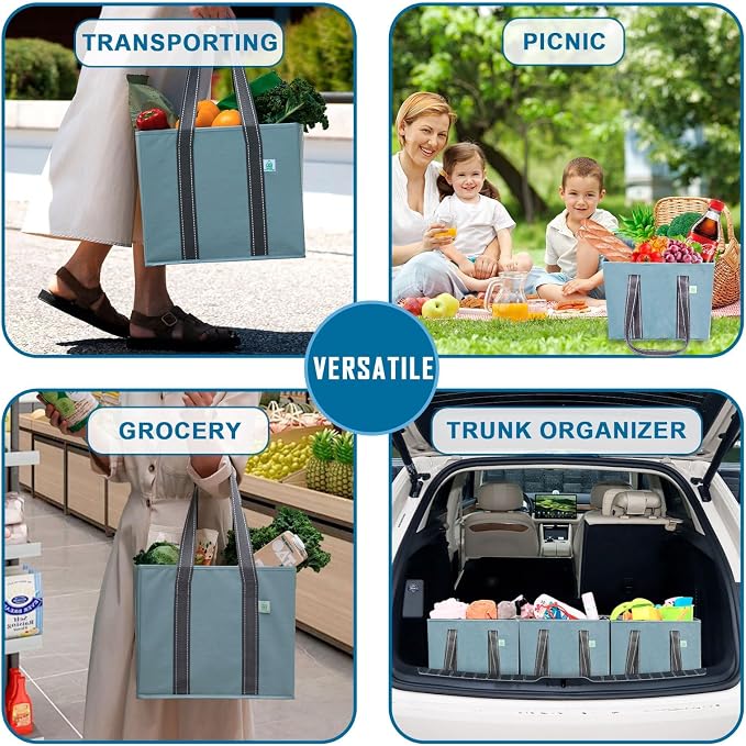 VENO 3 Pack Heavy Duty Reusable Grocery Shopping Bags Utility Tote | Water Resistant, Storage Box with Sturdy Handles & Hard Bottom, Foldable for Groceries Shopping Cart Storage(Blue, 6 Gallon) - Image 6