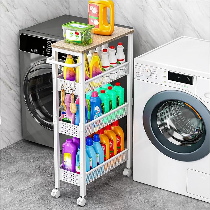 Vivihomety 4-Tier Slim Utility Rolling Laundry Cart with Wheels, Metal | Narrow 7.1" wide, Lockable wheels, wood top panel, metal frame, with handle, for laundry, bathroom, kitchen, white by EndlessStorage