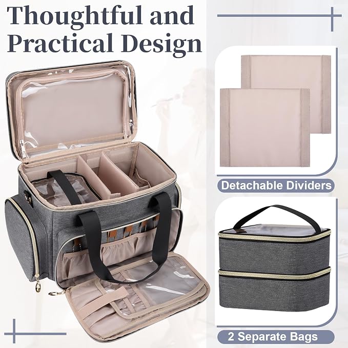 GDNasist Large Makeup Bag, Portable Travel Makeup Bag Organizer | Cosmetic Travel Bag for Women Girls with 2 Removable Pouches & Detachable Dividers, Toiletry Bag for Makeup and Hair Supplies - Image 7