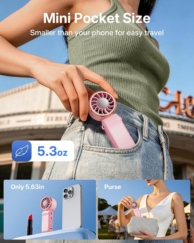 SWEETFULL Mini Portable Fan with Ice Cooling, Lightweight Handheld Pocket Turbo Fan Rechargeable, 3 Speed, Foldable Personal Hand Fan for Travel, Beach Vacation, Women Girls (Pink) - Image 2