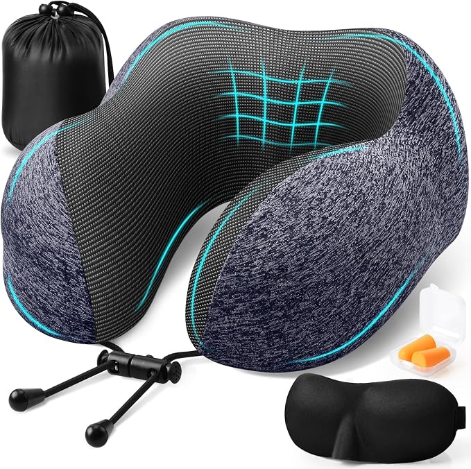 ExploreBliss Travel Pillow, Neck Pillow Airplane, Mottled Blue | Travel Pillows for Airplanes, Neck Pillow Airplane, Memory Foam Neck Pillow Set with Eye Mask, Earplugs by ExploreBliss