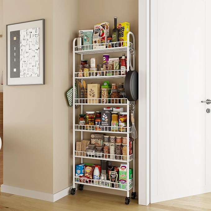 6 Tier Slim Rolling Storage Cart with Wheels, Metal Mobile Shelving Unit Organizer Utility Cart for Office Bathroom Kitchen Laundry Room Narrow Places (White 6 Inches) - Image 3