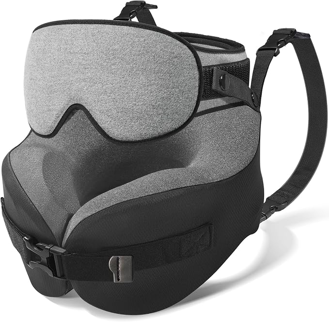 YFONG Travel Pillow with Head Support & Sleep Mask for Long Flights, Grey | Patented 360° Support System, Prevents Bobbing, Airplane Head Strap, 3D Eye Mask, Memory Foam Neck Pillow, Travel Essential by YFONG