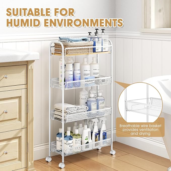 TOOLF 4-Tier Slim Rolling Cart, Metal Utility Cart, Slide Out Storage Cart with Wooden Tabletop and Mesh Baskets for Narrow Space on Kitchen Bathroom Laundry Room Bedroom Apartments Dormitory - Image 5