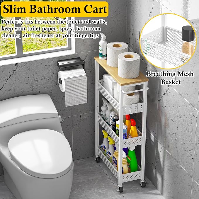 OKZEST Slim Laundry Room Organization Cart with Upgraded Metal Hub Casters | Fits between washer & dryer, 4-Tier space-saving narrow rolling cart, Premium wood top & metal mesh shelf, with handle & hook - Image 3