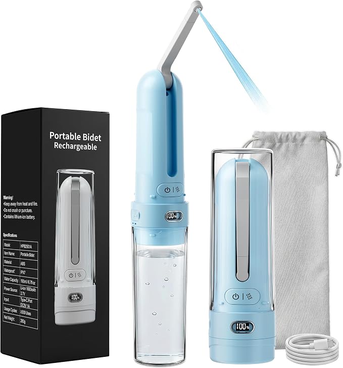 Electric Portable Bidet for Travel & Outdoor Camping, Sky Blue | Pocket size whisper-quiet handheld sprayer 3 pressure modes 1600mAh Long-lasting Battery USB-C Rechargable IPX7 Waterproof by WeWiHLTH