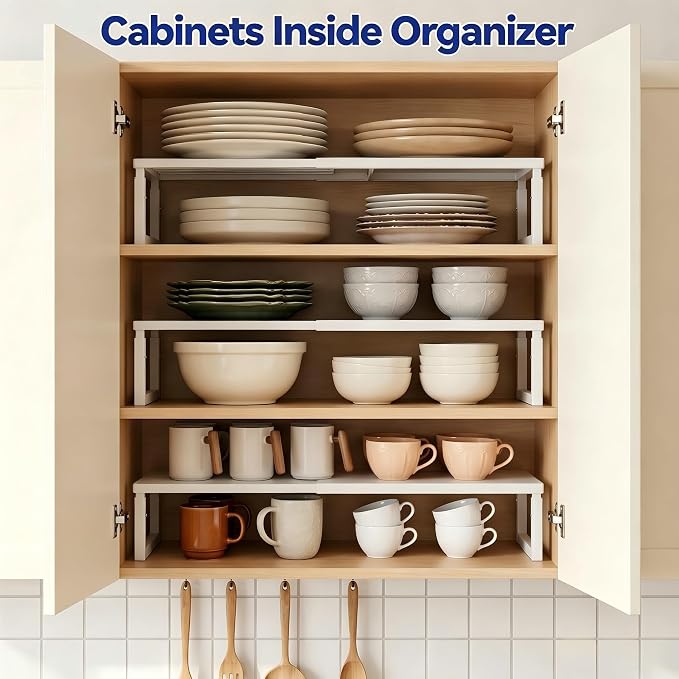 2 Packs Expandable Cabinet Shelf Organizer, Stackable Countertop Shelves | 15.8''- 25.5'' In Cabinet Shelf, Adjustable Kitchen Cabinet Organizer for Pantry Organizer, CupBoard Organizers and Storage - Image 5