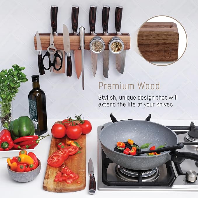 Walnut 16 inch Magnetic Knife Holder for Wall with 2x Storage & Charming Wood - Knife Magnetic Strip, Under Cabinet Magnet Knives Storage - Magnet Strip Rack Kitchen Utensil Holder Organizer Tool - Image 8