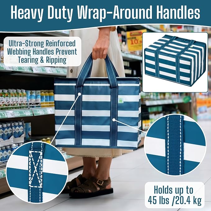 VENO 2 Pack Insulated Cooler Bag Reusable Grocery Bag for Food Delivery | Heavy Duty Large Collapsible Cooler Shopping Tote w/ Zippers,Foldable,Stands Upright for Camping(Classic Navy Stripe,2 Pack) - Image 4