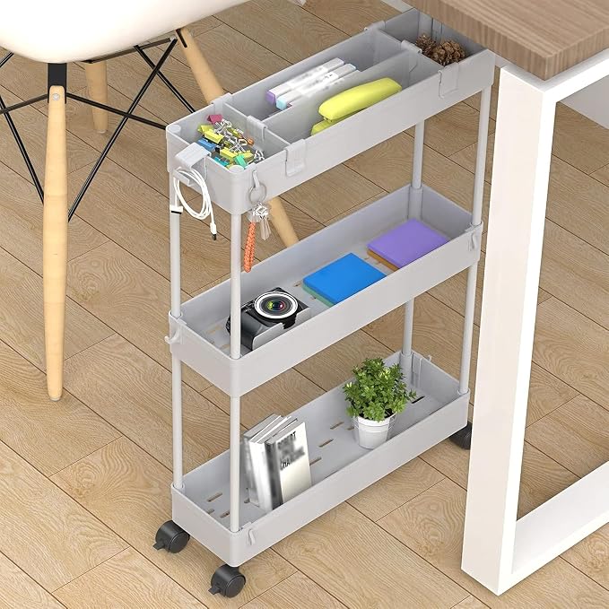 2-piece Set Slim Storage Cart 3 Tier,Bathroom Organizer Rolling Utility,Mobile Shelving Unit Slide Out for Office, Kitchen, Laundry Room & Narrow Places - Image 5