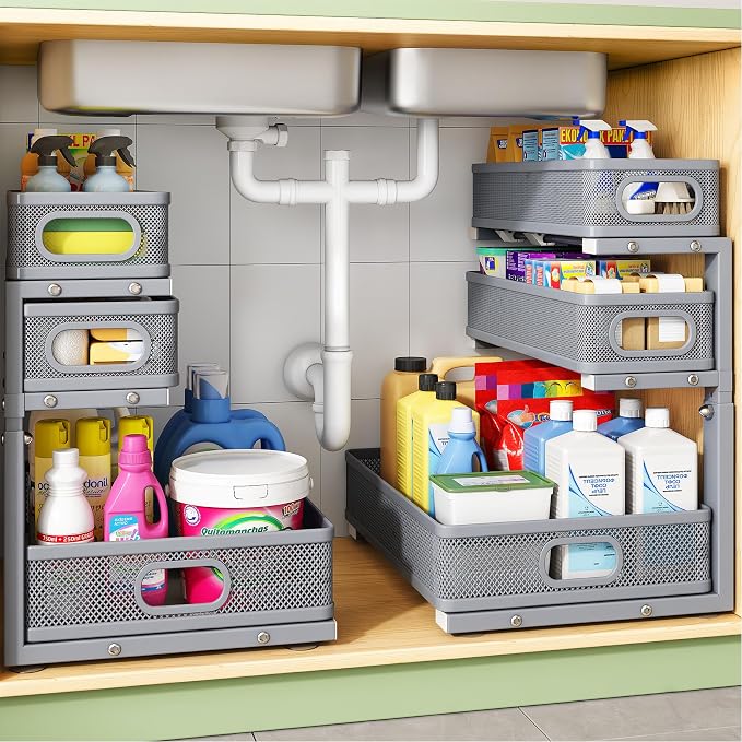Kitstorack Under Sink Organizer, 2-Pack 3-Tier Height Adjustable Thickened Metal Pull out Cabinet Organizer Shelf, Slide out Storage Drawer Rack for Bathroom Kitchen Pantry Home Organization, Grey by Kitstorack