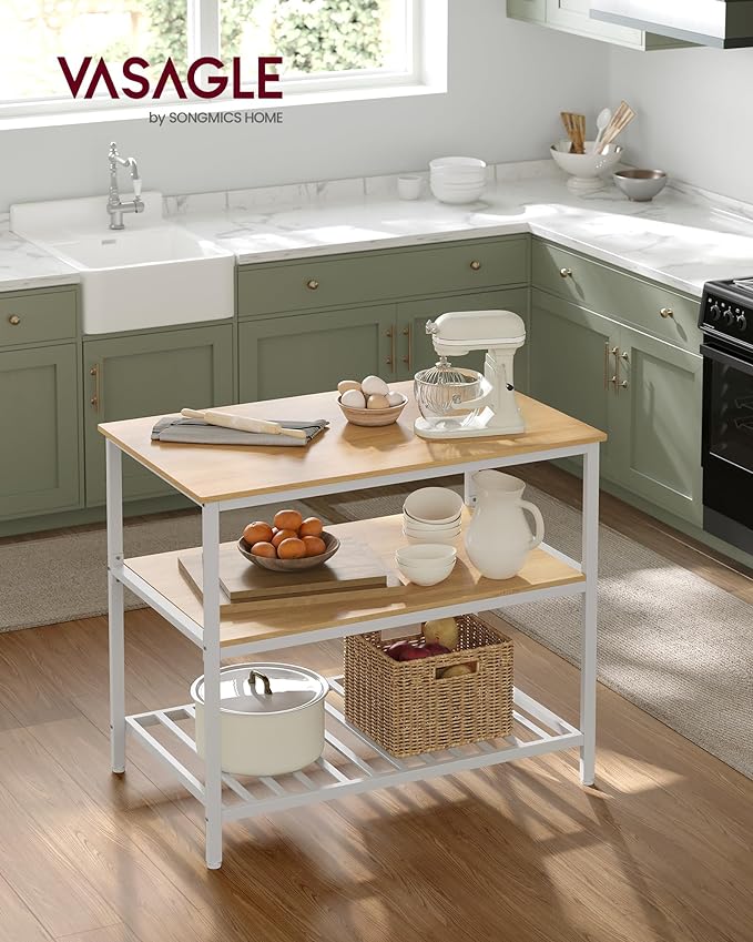 VASAGLE Kitchen Island with 3 Shelves, 39.4 Inches Width Kitchen Shelf with Large Worktop, Stable Steel Structure, Industrial, Easy to Assemble, Oak Color and White UKKI005W09 - Image 2