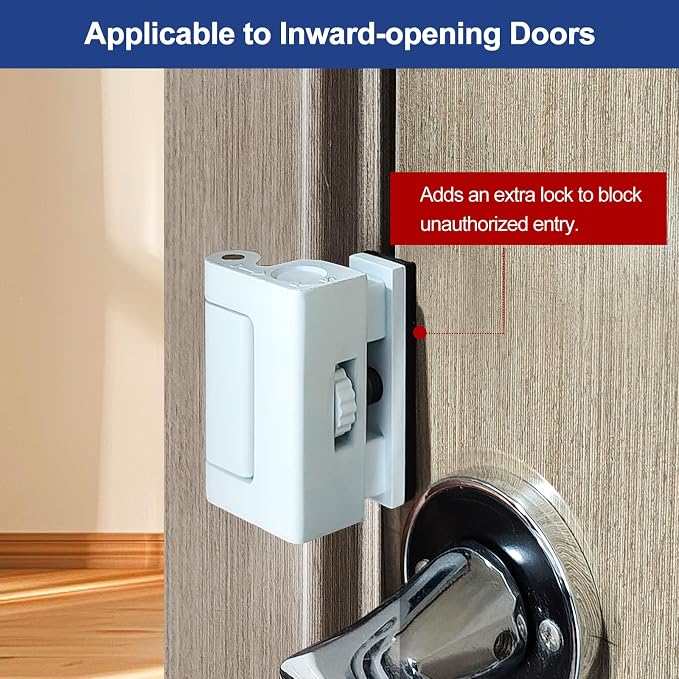 Portable Door Lock for Home/Hotel Security, Flip Action Style | All-Metal Construction, Adjustable Design, with Storage Pouch, Extra No Drill Door Lock, White - Image 3