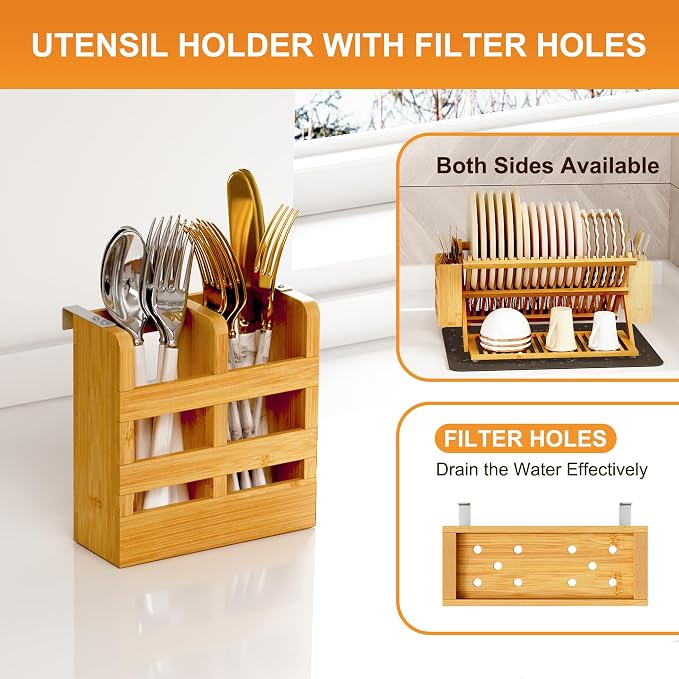 Greenual Bamboo Dish Drying Rack with Utensil Holder, 3 Tier Collapsible Dish Rack, Wooden Dish Racks for Kitchen Counter, Large Folding Drying Holder with Absorbent Dish Drying Mat - Image 3