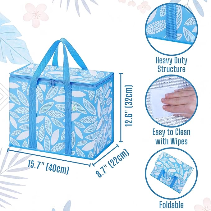 VENO 2 Pack Insulated Cooler Bag Reusable Grocery Bag for Food Delivery | Heavy Duty Large Collapsible Cooler Shopping Tote w/ Zippers, Foldable, Stands Upright for Camping (Spring Breeze, 2 Pack) - Image 2