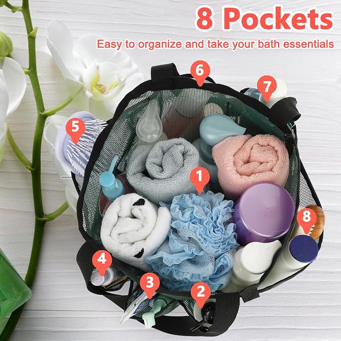 Fammart Mesh Shower Caddy Portable for College Dorm Room Essentials, Odorless Polyester Large Shower Tote Bag with Dual Handles, 8-Pocket Quick-Dry Toiletry Organizer for Travel, Beach, Camping, Gym - Image 4