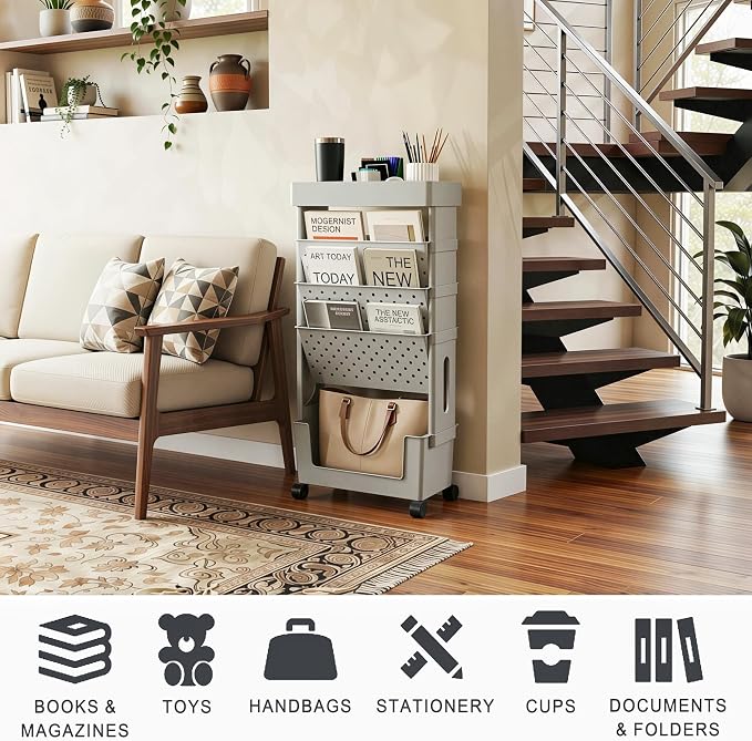 5-Tier Rolling Bookshelf Magazine Rack with Wheels Gray | Mobile Bookcase, Book Storage File Folder Organizer Cart for Home Study Office Living Room Classroom - Image 5