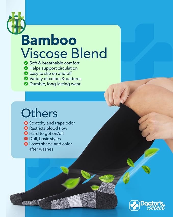 Doctor's Select® Bamboo Viscose Light Compression Socks for Women & Men - 3 Pairs, 8-15 mmHg Compression Socks, Knee High - Image 3