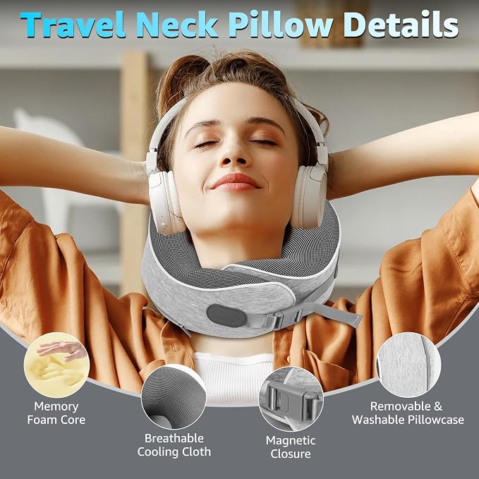 Memory Foam Travel Neck Pillow | Ergonomic 360 Degree Head Support for Airplane, Car and Office Sleeping, with Breathable Cotton Cover and Carry Bag, Gray-1 - Image 5