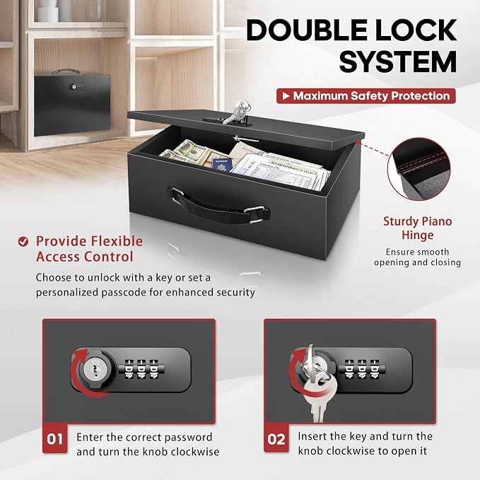 YIYITOOLS Fireproof Lock Box with Key and Combination Lock, Fire Safe Document Box, Portable Fireproof Waterproof Safe for Home,Office,Travel, Secure Storage for Documents,Jewelry,Passport,Cash - Image 3