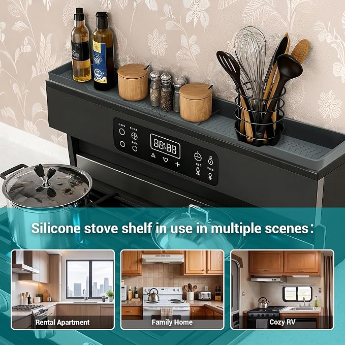 Silicone Over The Stove Shelf, 30 Inch Magnetic Stove Top Organizer - No Drill Space Saving Storage Rack for Spices & Kitchen Utensils, Perfect for Small Kitchen & Apartments (Grey) - Image 4