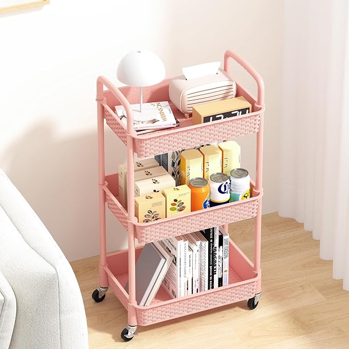 MOYIPIN 3-Tier Plastic Rolling Utility Cart with Handle,Utility,Pink | Utility Storage Cart for Office, Living Room, Kitchen,Movable Storage Organizer，Easy installation，Rattan-like art design - Image 3