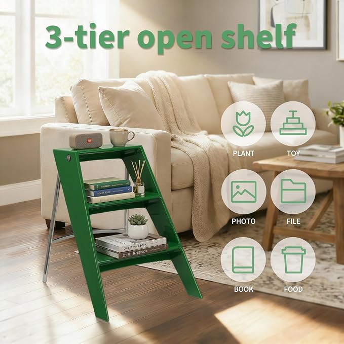 HOTEAGLE Modern Folding Chair - Multifunctional Design Doubles as Step Stool & Storage Shelf, Sturdy Engineering Plastic for Kitchen, Dining & Bistro,Green - Image 7