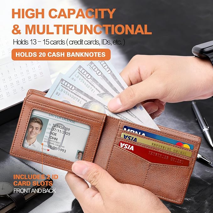 Wallet for Men Slim RFID Blocking Bifold Carbon Fiber,Minimalist Small Compact Front Pocket Credit Card Holder,Thin Mens Leather Wallets Smart Security With 2 ID windows 1 Cash (Caramel Brown) - Image 3