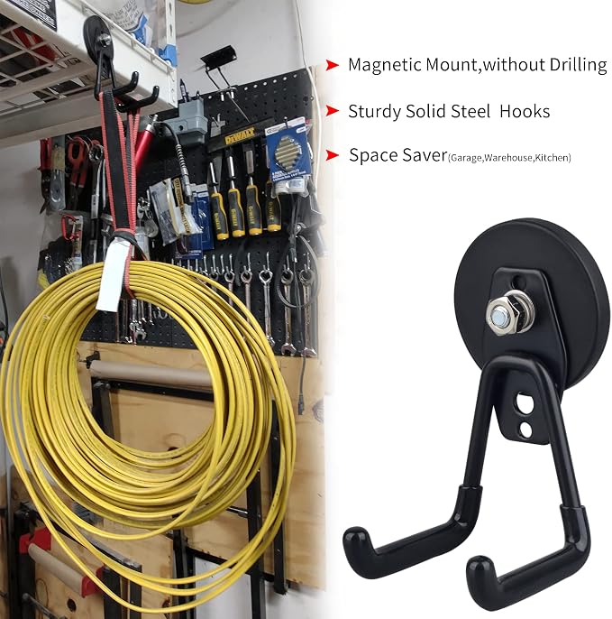 Magnetic Hooks Heavy Duty Garage Hooks Tools Organizer Anti-Slip Strong Magnetic Hooks Utility Magnet Hanging Hooks for Garage, Warehouses, Kitchen, Power Tools 2PCS Black - Image 3