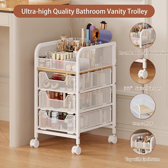 Rolling Makeup Cart Organizer with 3 Drawers, 4-Tier Narrow Floor Skincare Organizers with dividers, Vanity Organizer Cosmetics Display Cases for Makeup Brush, Hair Tool, White - Image 8