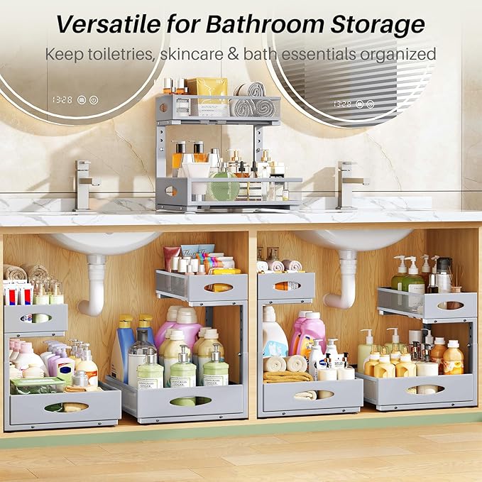 Under Sink Organizer, 1-Pack Pull Out Cabinet Organizer 2 Tier Metal Slide Out Storage Shelf Rack, L-Shaped Adjustable Height,Mesh Sliding Drawer for Kitchen, Bathroom, Laundry, Pantry, Grey, XL - Image 9